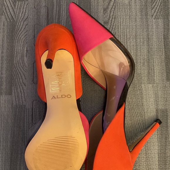 Pointy toe Aldo color block heels NEW sz 6 EU 36 Pink Orange Red Clear - Picture 2 of 3